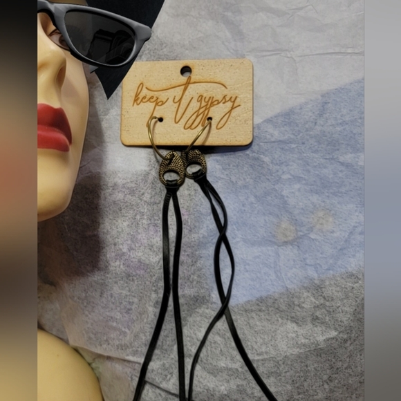 Keep It Gypsy Leather Tassels Dangle Earrings Long Black Rustic Circle Hoops - Picture 2 of 9